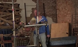 Old alms-man whips and jerks off restrained submissive guy